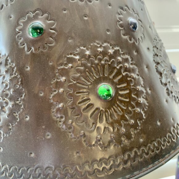 Vintage Handcrafted Mexican Punched Tin Table Lamp with Glass Marble Shade - Picture 3 of 11